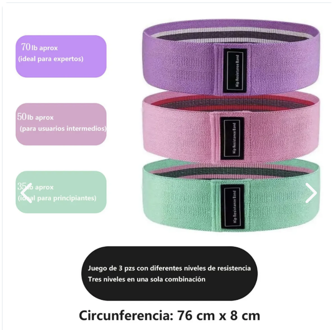 Set de 3 Bandas de Resistencia en Tela – Bandas Elásticas Antideslizantes para Glúteos y Piernas